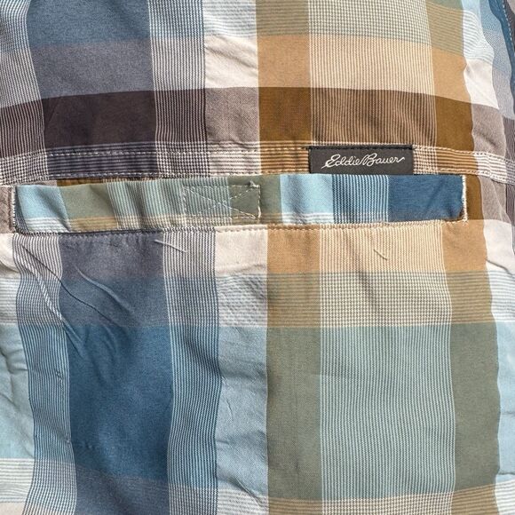 Eddie Bauer Button Down Short Sleeve Shirt Plaid Blue Cotton Men’s XXL Pre-own - Picture 7 of 9